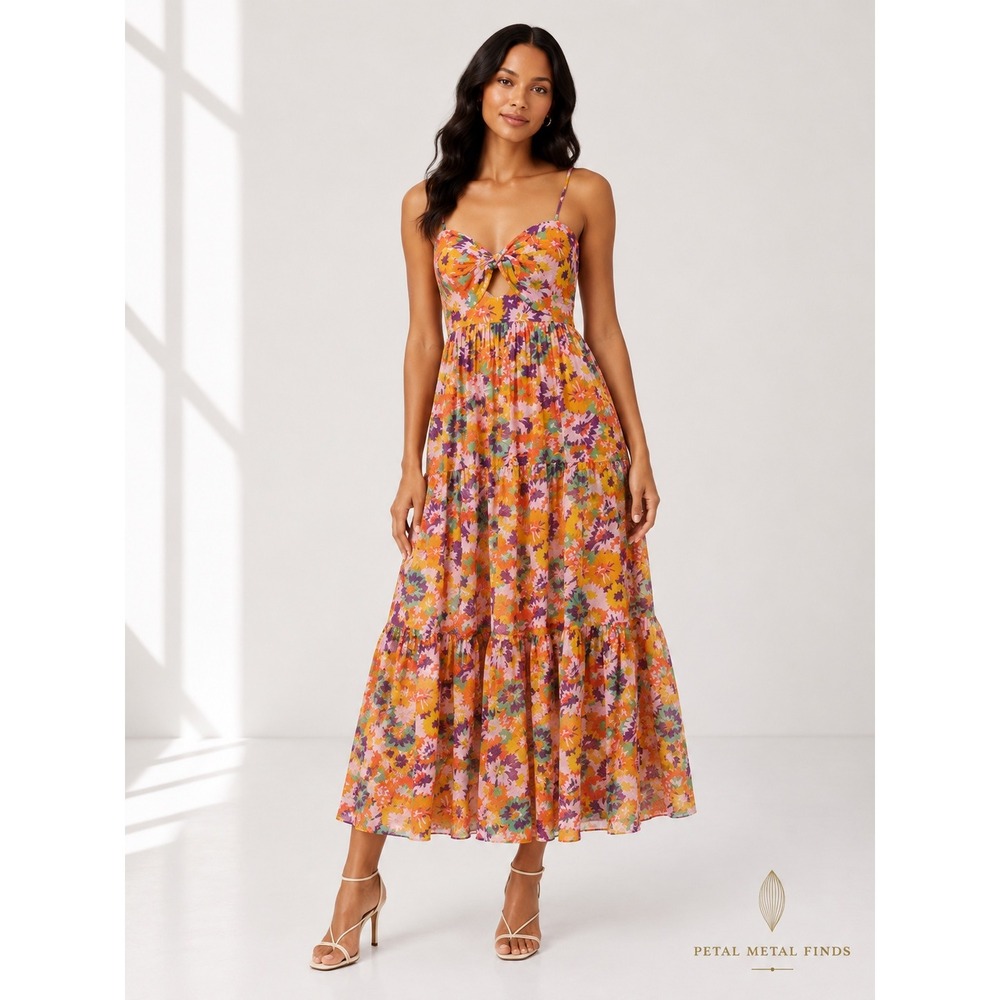 Zimmermann Diva Violet Cut-Out Tiered Cotton‎ Sweetheart Neck Midi-Dress 10 US